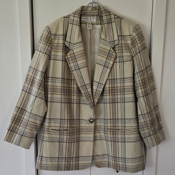 Vintage Jackets & Blazers - Vintage Wool Blend Cream and Brown Plaid Blazer Oversized XL 18/20 Shoulder Pads